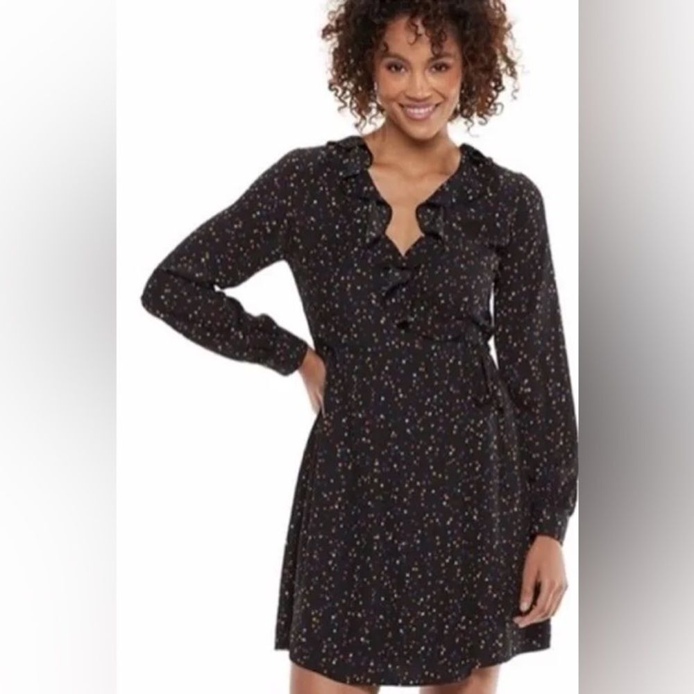 Popsugar Black Multi Stars Print Ruffle Long Sleeve Knee Length Wrap Dress XL